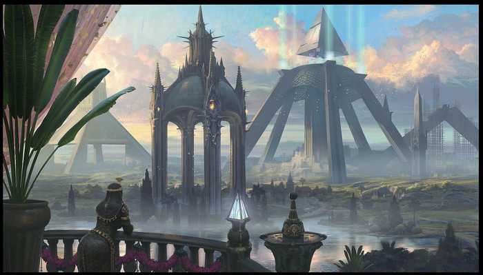 Fantasy landscape with pyramids and futuristic structures by Hwanggyu Kim