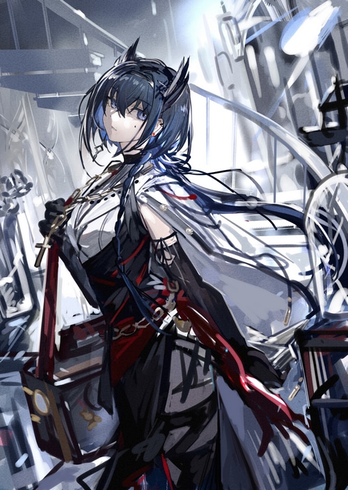 Arknights Mento with Blue Hair and Horns