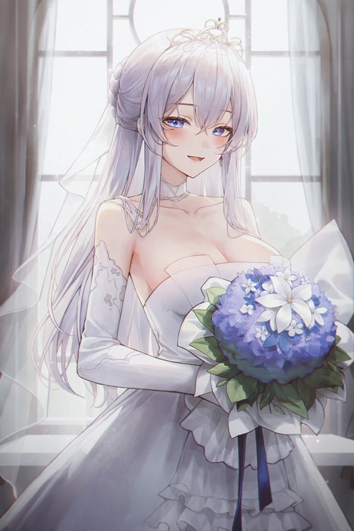 Bride with white dress and blue flower bouquet