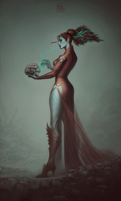 Aratrika the sorceress with a skull