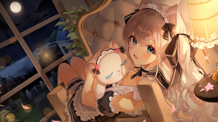 Cat girl in maid outfit holding a plush toy