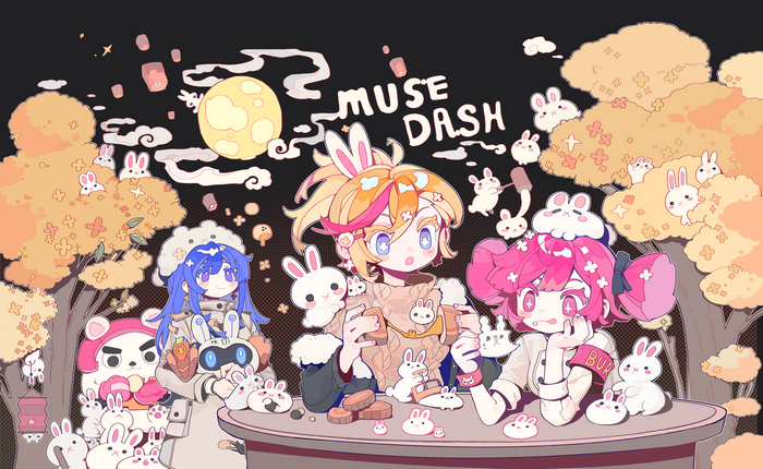 Muse Dash characters with rabbits and moon
