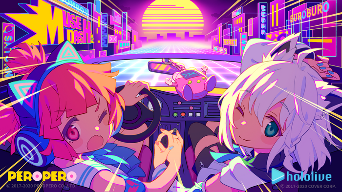Muse Dash characters driving in a retro-futuristic city
