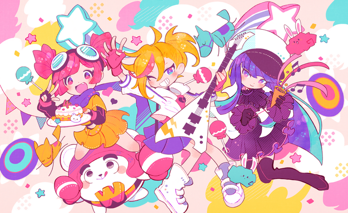 MuseDash characters with guitar, cake, and lollipops