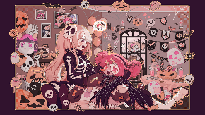 MuseDash Halloween characters with candy and decorations