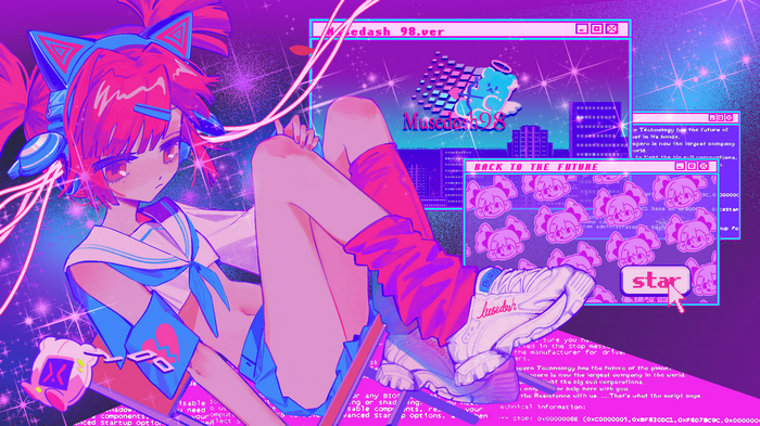 Anime girl with cat ears in a vaporwave aesthetic