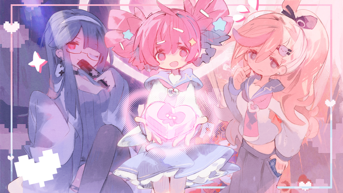 MuseDash: Three girls with colorful hair and school uniforms