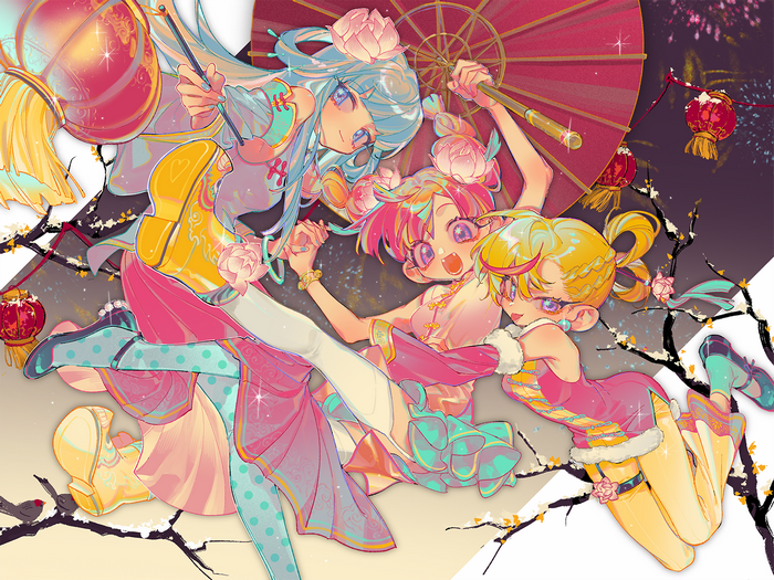 MuseDash girls in Chinese dresses with umbrella and lanterns