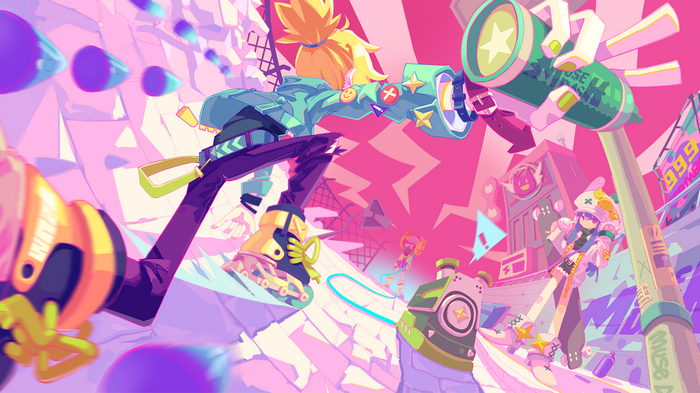 Muse Dash characters with colorful weapons in a vibrant city