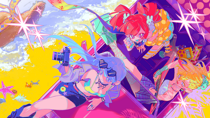 MuseDash characters in a car with musical instruments