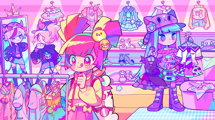 MuseDash Characters Trying on Clothes in a Colorful Boutique