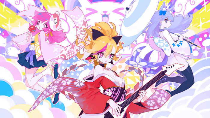 MuseDash: Three girls with fox ears and musical instruments