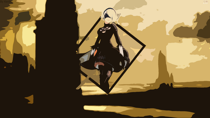 2B from Nier: Automata in a stylized landscape