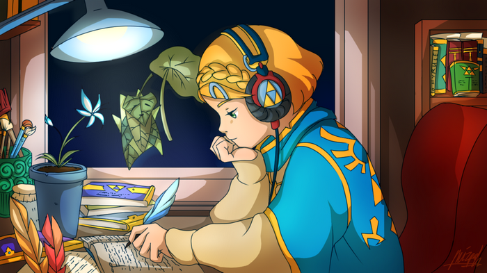 Zelda writing at a desk with headphones