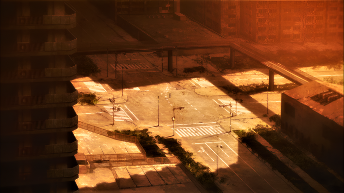 Ruined city intersection with overpass and apartment building
