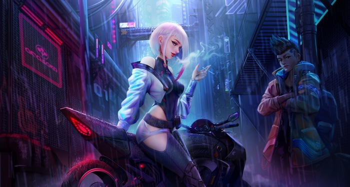 Lucyna Kushinada on a motorcycle in a cyberpunk city