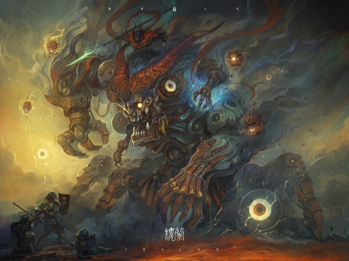 4K Fantasy War Art of a Giant Creature and Soldiers