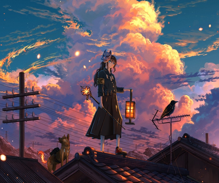 Girl with mask and dog on rooftop at sunset