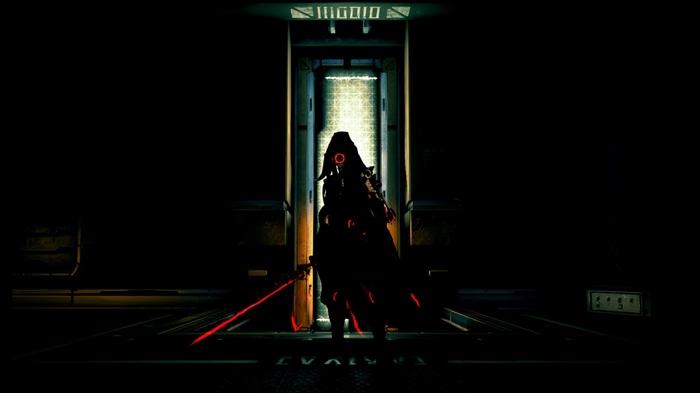 Warframe character with red lights and sword