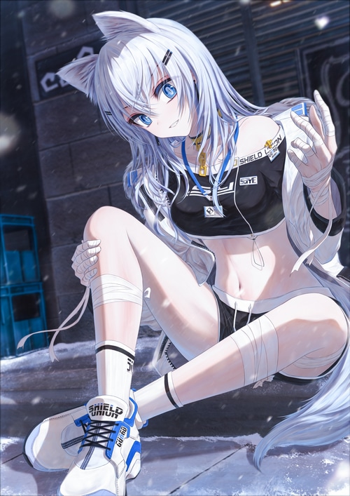 Anime girl with white hair and cat ears