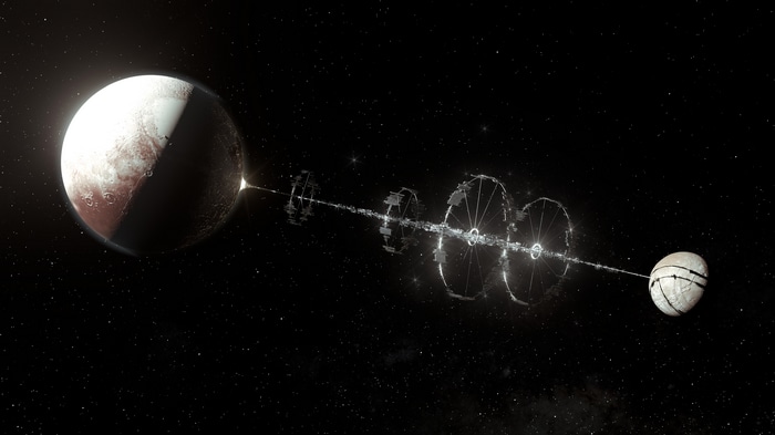 4K Pluto and space station in space with stars