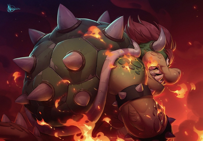 Bowser engulfed in flames, artwork by Nicola Saviori