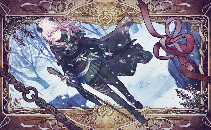 Girl with pink hair and horns in the snow
