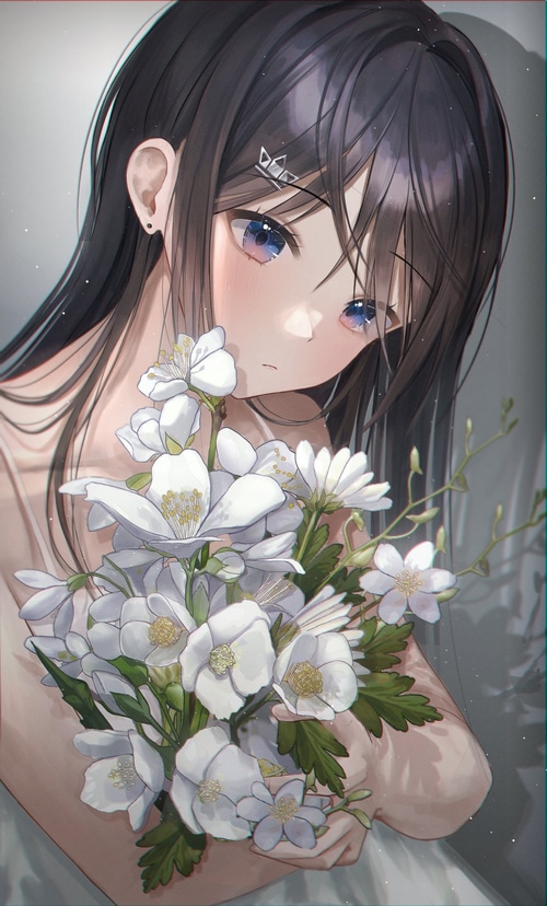 Anime girl with dark hair and blue eyes holding flowers