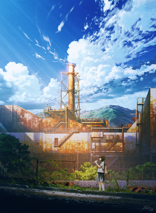 school uniform clouds Mocha schoolgirl ruins backpacks sky