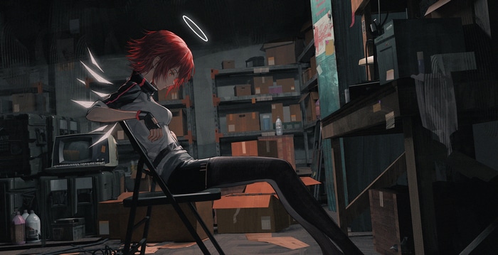Arknights Exusiai in a warehouse with a halo