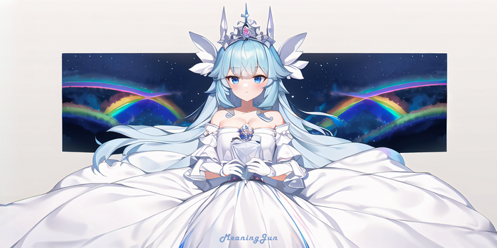 4K Anime Girl in White Dress with Rainbows and Tiaras
