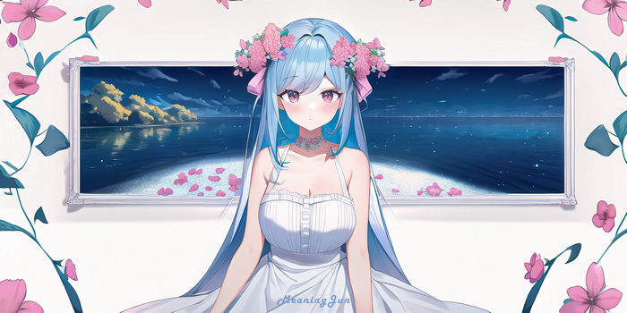4K Anime Girl with Blue Hair and Flower Crown