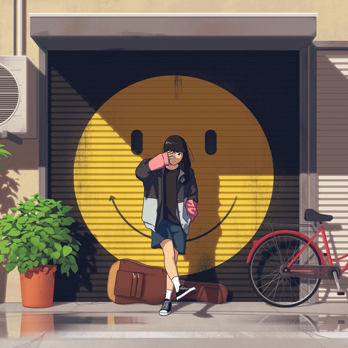 Girl standing in front of a smiley face garage door with a bicycle