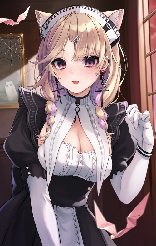 Cat girl in maid outfit with pink eyes and braids