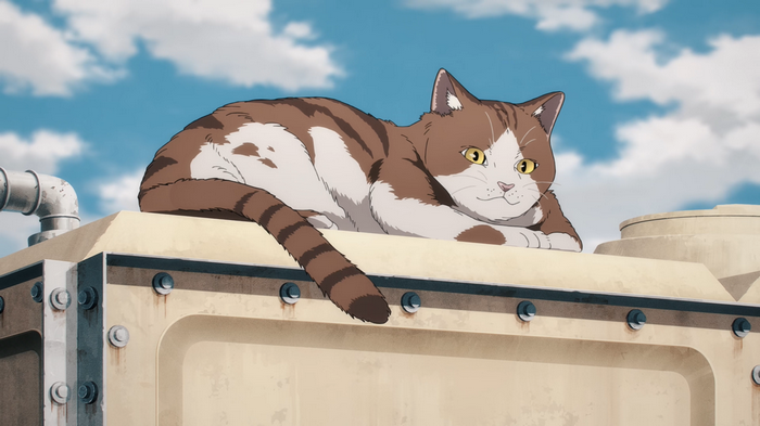 A tabby cat rests on a metal structure