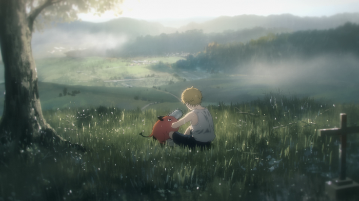 Chainsaw Man: Denji and Pochita in a field