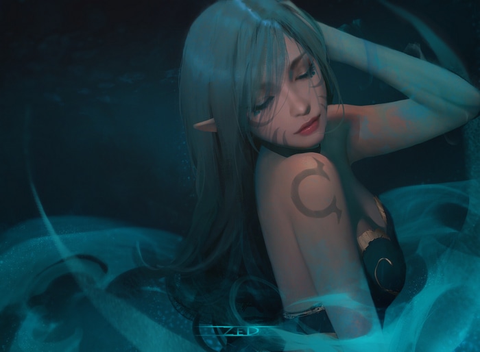 Fantasy art of a woman with elf ears and tattoos