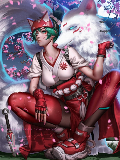 Kiriko and a white fox with cherry blossoms