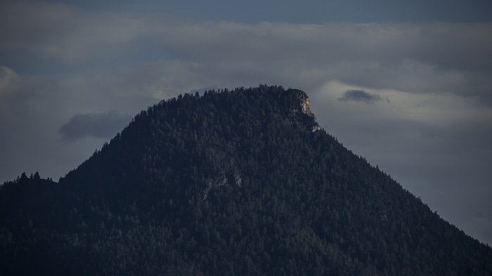 Mountain peak covered in trees under cloudy sky