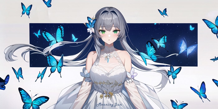 4K Anime Girl in White Dress with Blue Butterflies