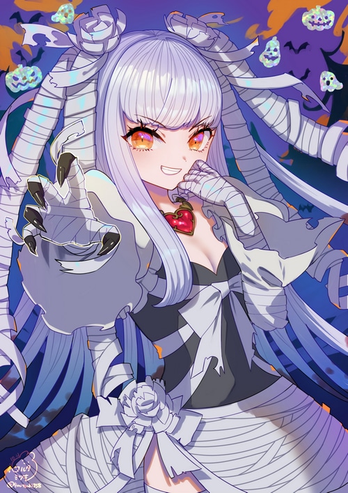 Anime girl in mummy Halloween costume with pumpkins