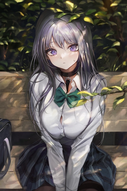 Schoolgirl with purple eyes and grey hair sitting on a bench