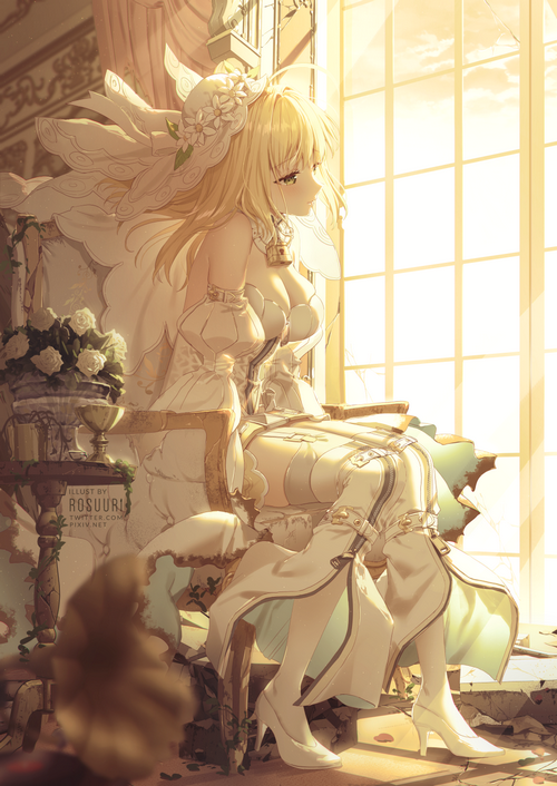 Saber in a wedding dress sitting by a window