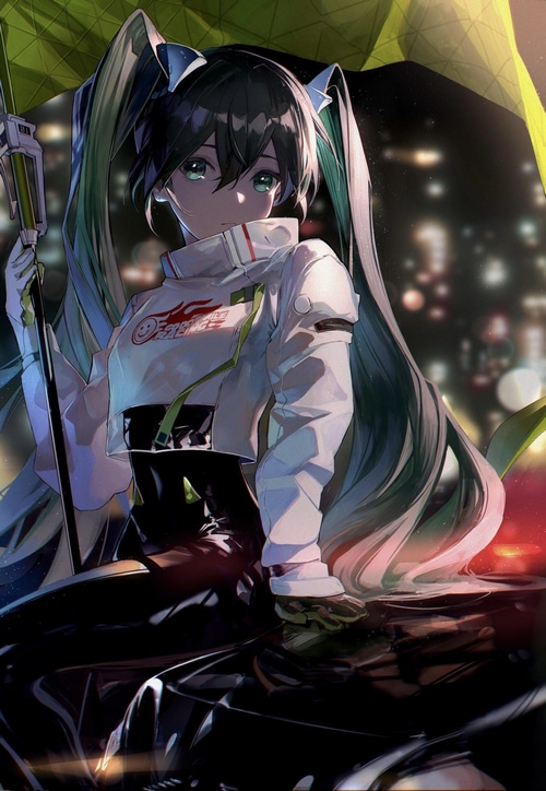 Hatsune Miku with twintails holding an umbrella