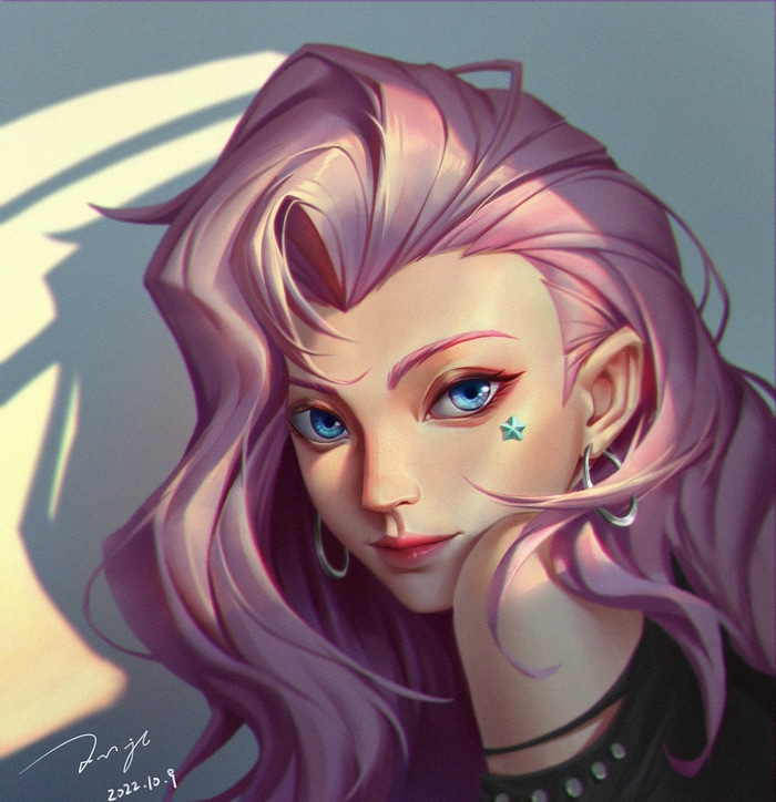 Seraphine from League of Legends with pink hair and blue eyes