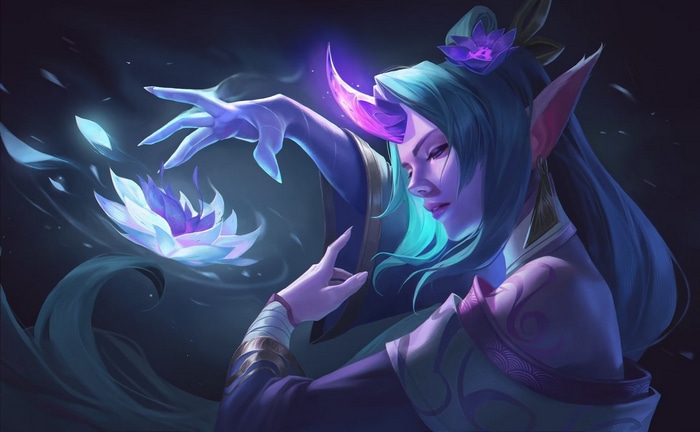 Soraka from League of Legends with glowing lotus flowers
