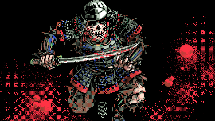 Pixel art skeleton samurai with bloody sword