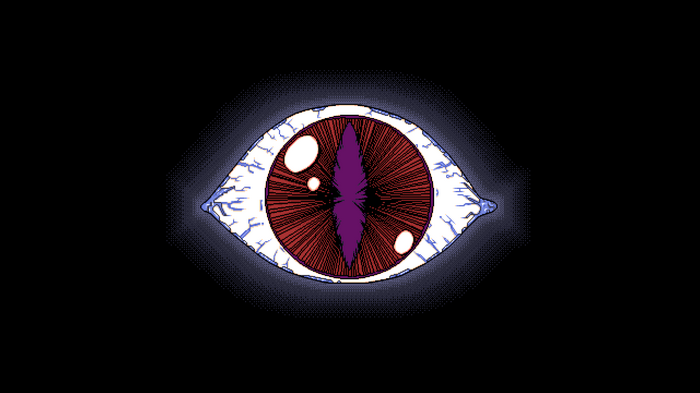 Pixel art eye with red iris and purple pupil