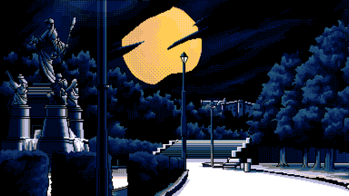 Pixel art night scene with full moon and statues