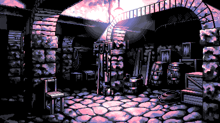 Pixel art of a dimly lit stone chamber with barrels and a chair